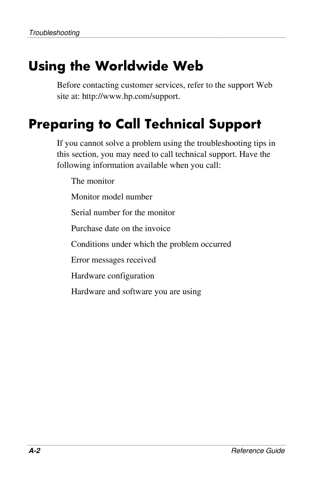 HP 9500, 7500, CRT, mx704, 7550, 5500 manual Using the Worldwide Web Preparing to Call Technical Support 