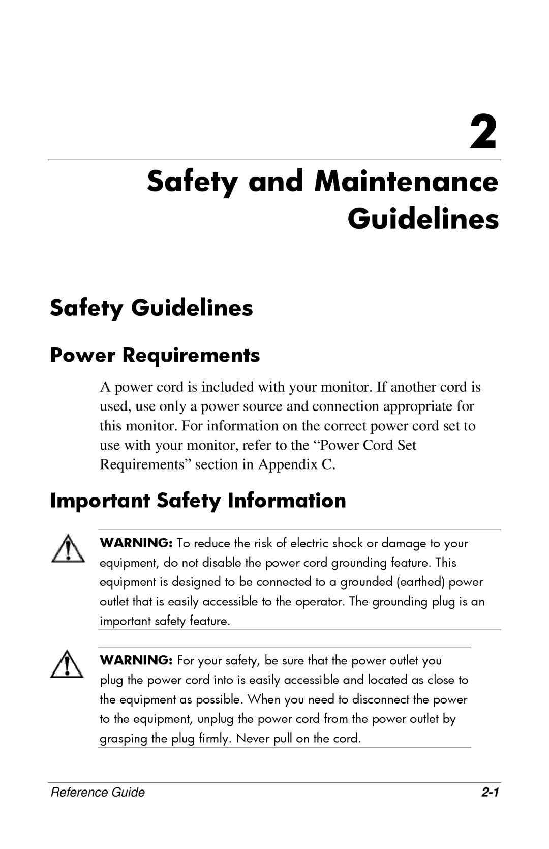 HP 7500, CRT, 9500 Safety and Maintenance Guidelines, Safety Guidelines, Power Requirements, Important Safety Information 