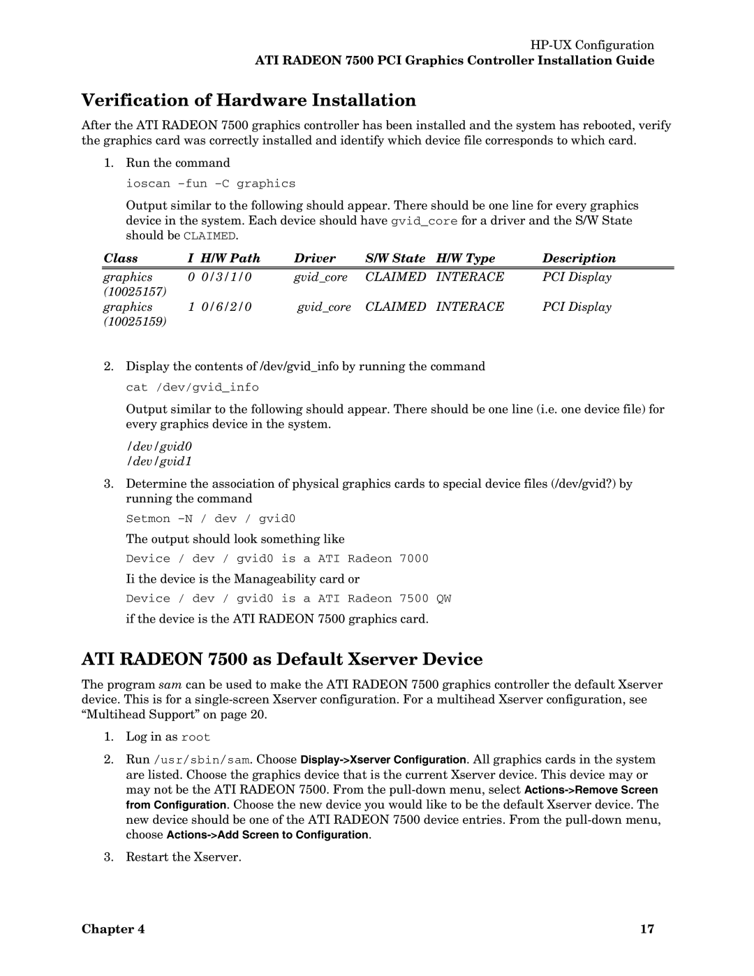 HP 7500 I manual Verification of Hardware Installation, ATI Radeon 7500 as Default Xserver Device 