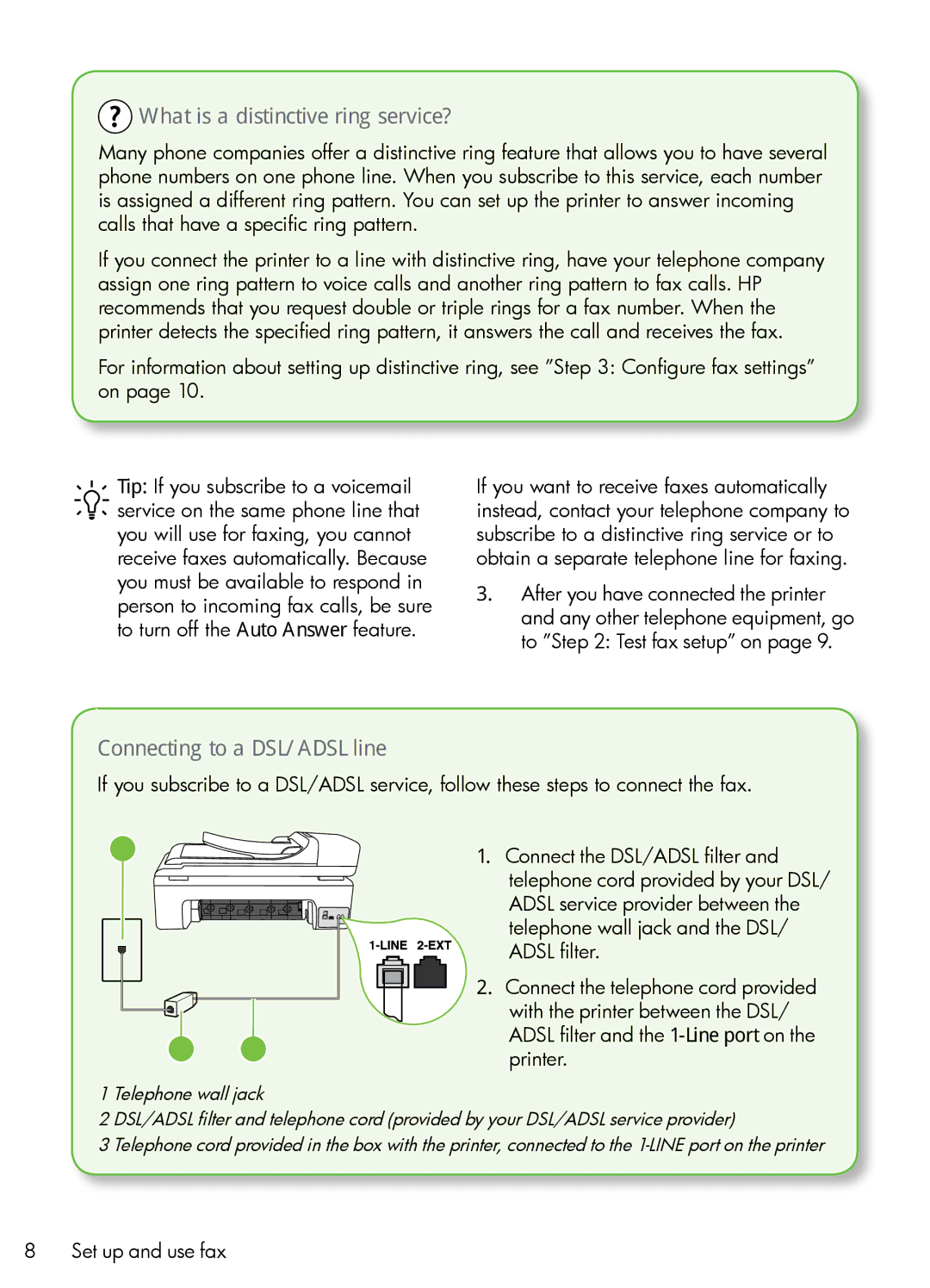 HP 7500A Wide Format - E9 manual What is a distinctive ring service?, Connecting to a DSL/ADSL line 