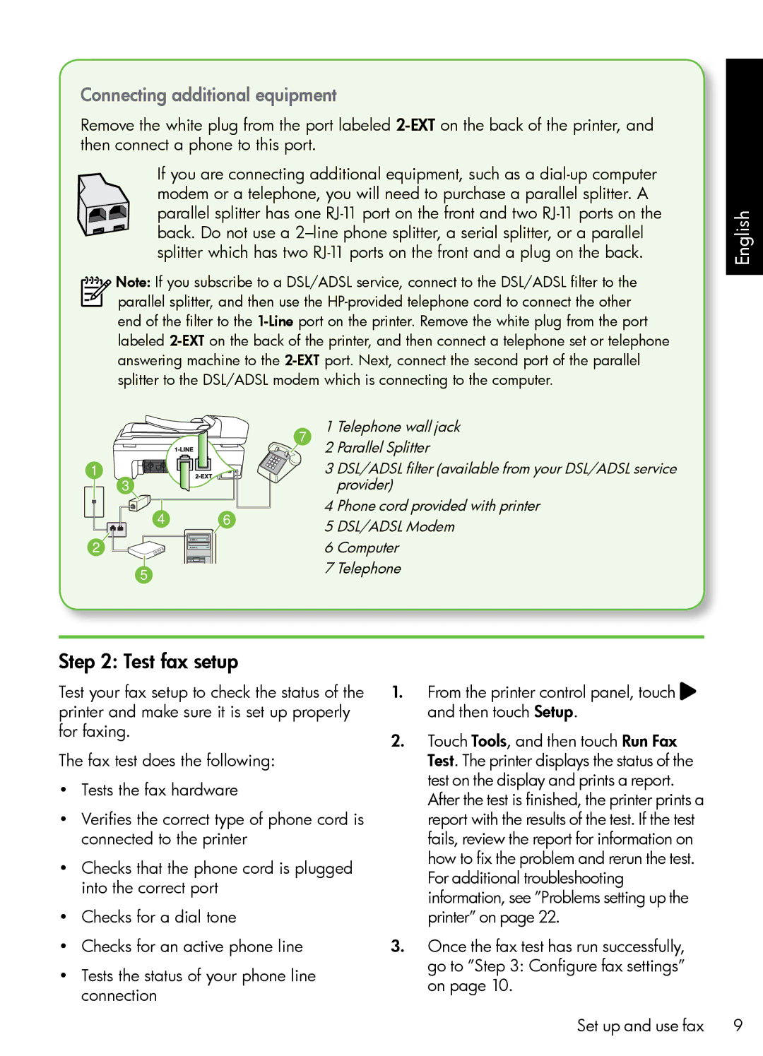 HP 7500A Wide Format - E9 manual Test fax setup, Connecting additional equipment 