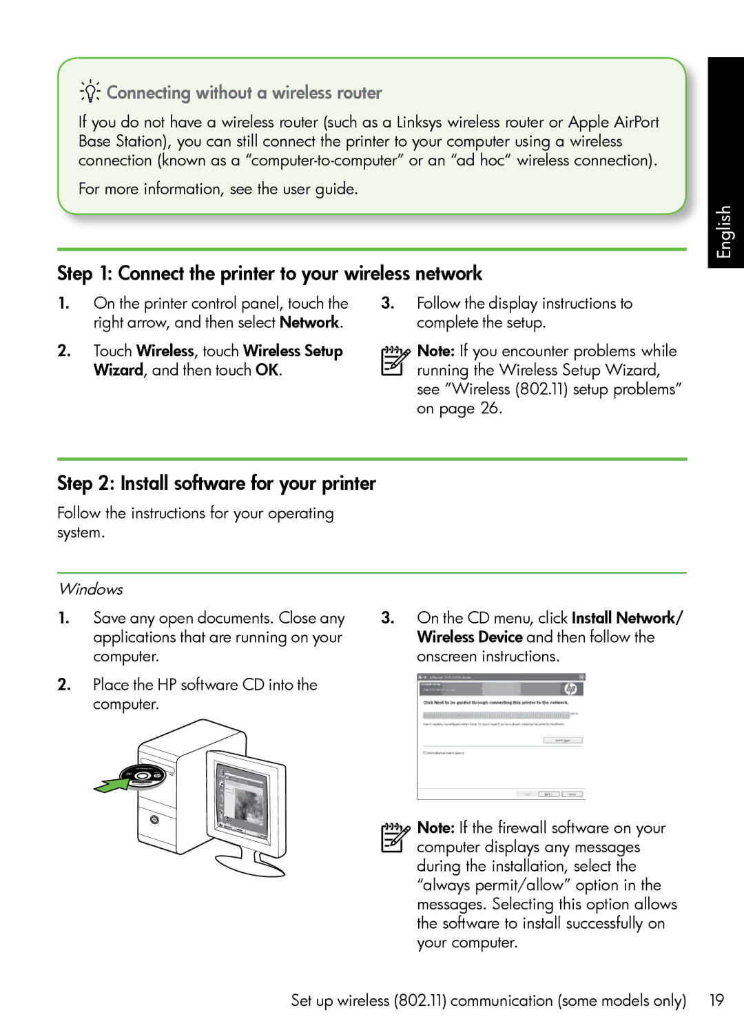 HP 7500A Wide Format - E9 manual Connect the printer to your wireless network, Install software for your printer, Windows 