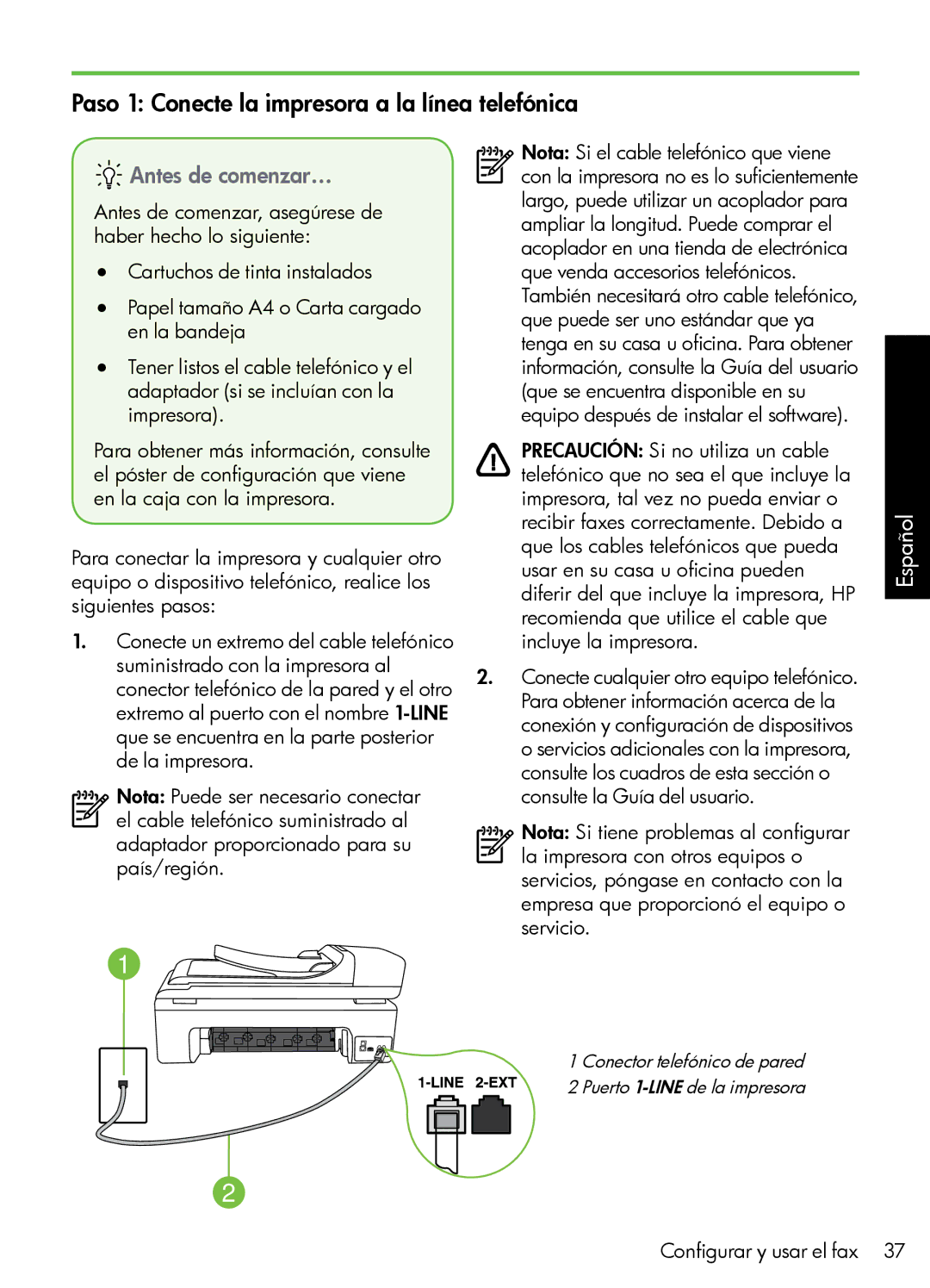 HP 7500A Wide Format - E9 manual Paso 1 Conecte la impresora a la línea telefónica, Antes de comenzar… 