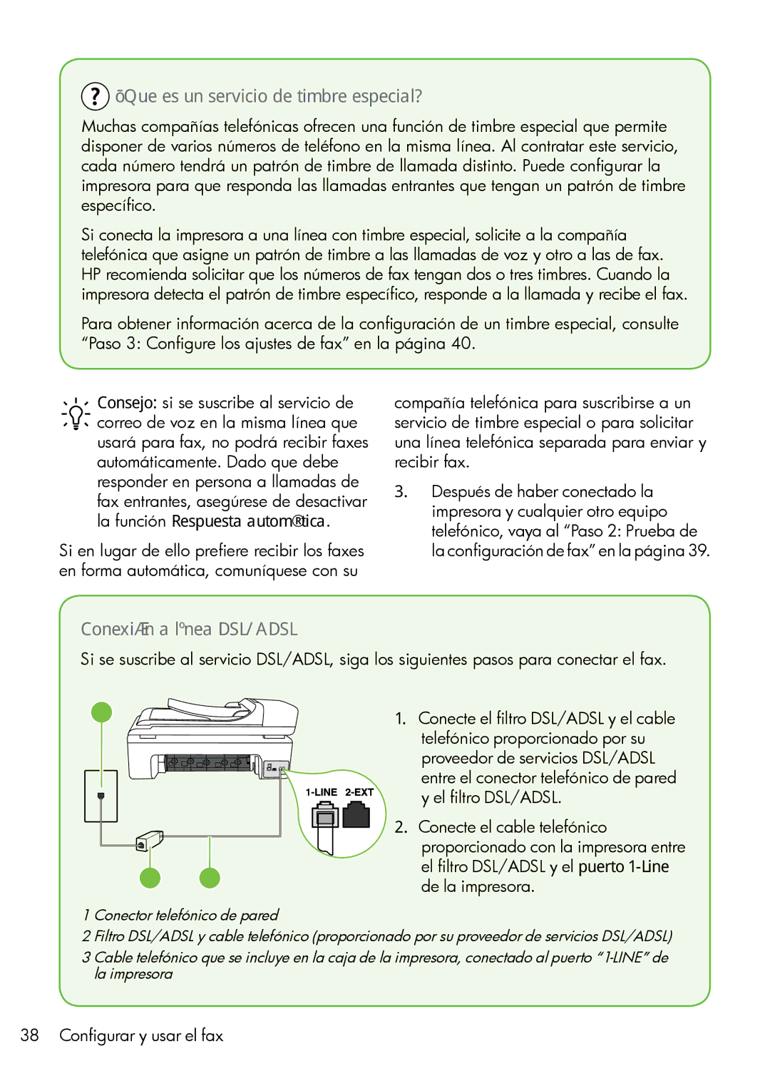 HP 7500A Wide Format - E9 manual ¿Que es un servicio de timbre especial?, Conexión a línea DSL/ADSL 