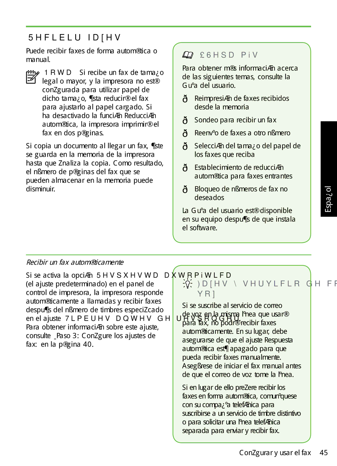 HP 7500A Wide Format - E9 manual Recibir faxes, Faxes y servicio de correo de voz, Recibir un fax automáticamente 