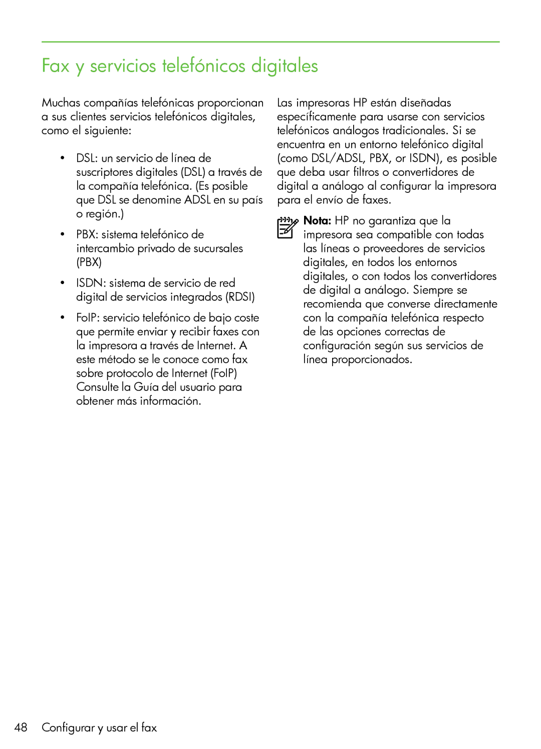 HP 7500A Wide Format - E9 manual Fax y servicios telefónicos digitales 