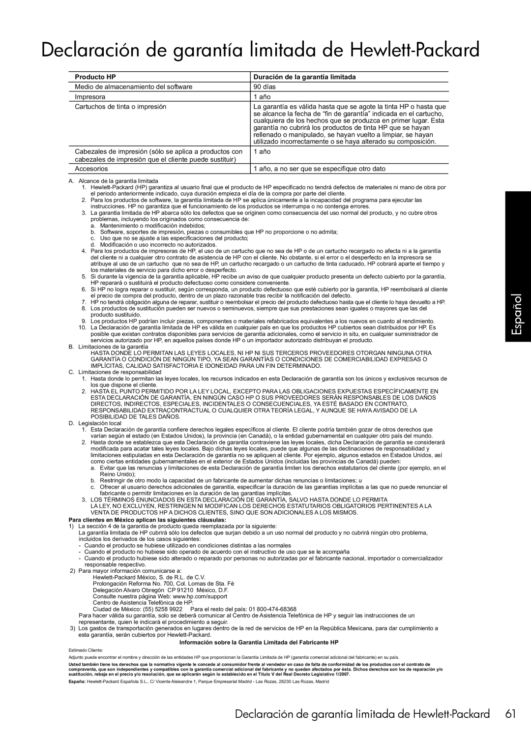 HP 7500A Wide Format - E9 manual Declaración de garantía limitada de Hewlett-Packard 