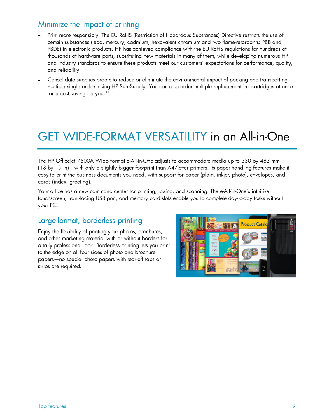 HP 7500A manual Minimize the impact of printing, Large-format, borderless printing 