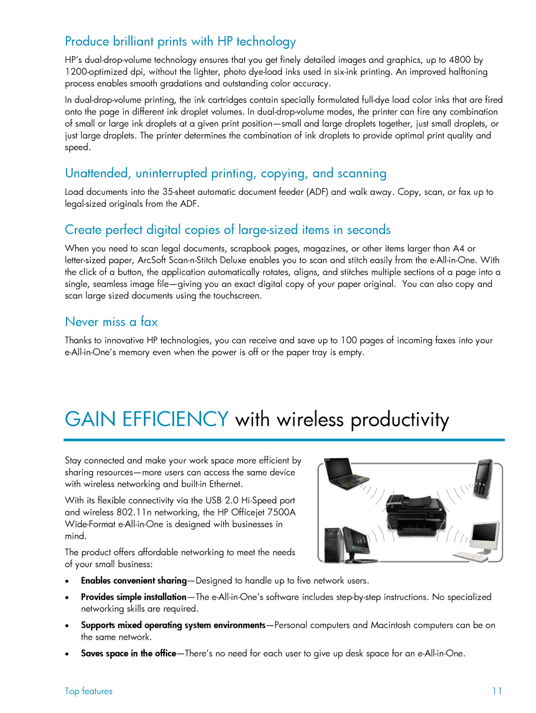 HP 7500A manual Gain Efficiency with wireless productivity, Produce brilliant prints with HP technology, Never miss a fax 