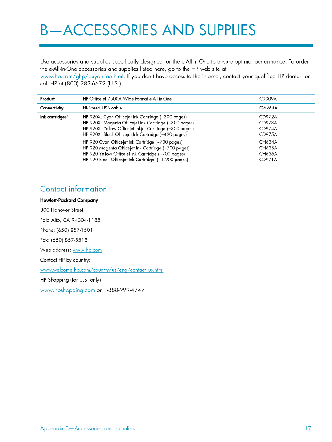 HP 7500A manual Accessories and Supplies, Contact information 