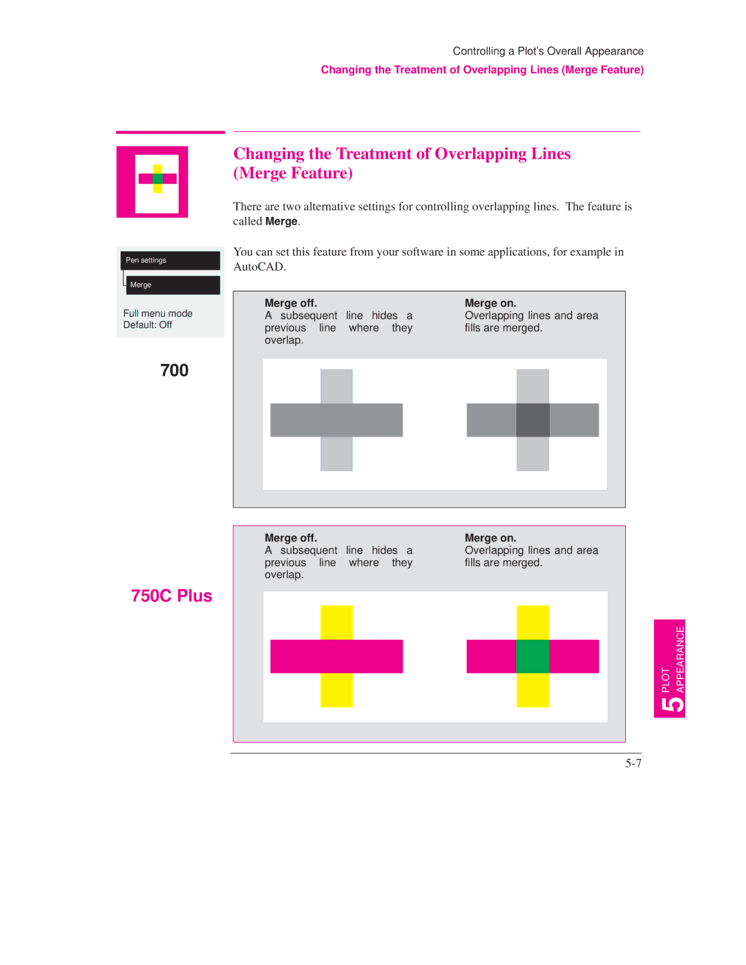 HP 700, 750C PLUS PLOTTER manual Changing the Treatment of Overlapping Lines Merge Feature 