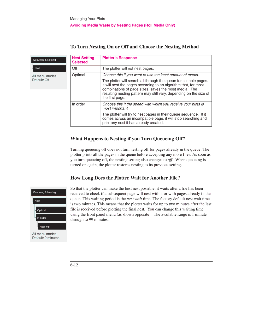 HP 750C PLUS PLOTTER, 700 To Turn Nesting On or Off and Choose the Nesting Method, Nest Setting Plotters Response Selected 