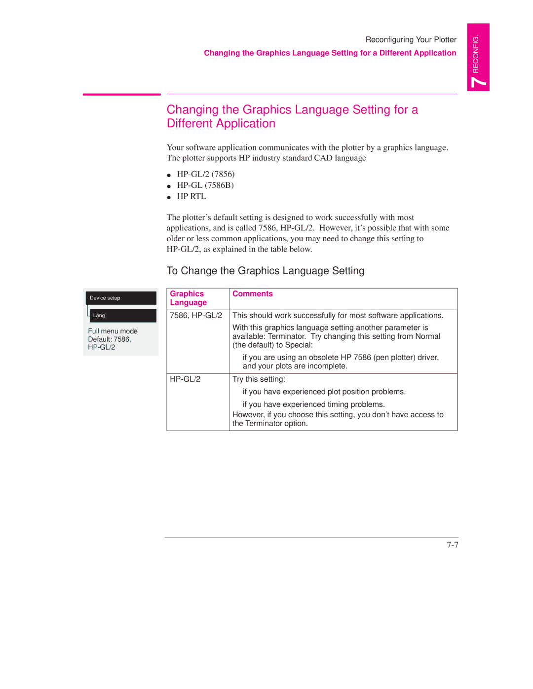 HP 700, 750C PLUS PLOTTER manual To Change the Graphics Language Setting, Graphics Comments Language 