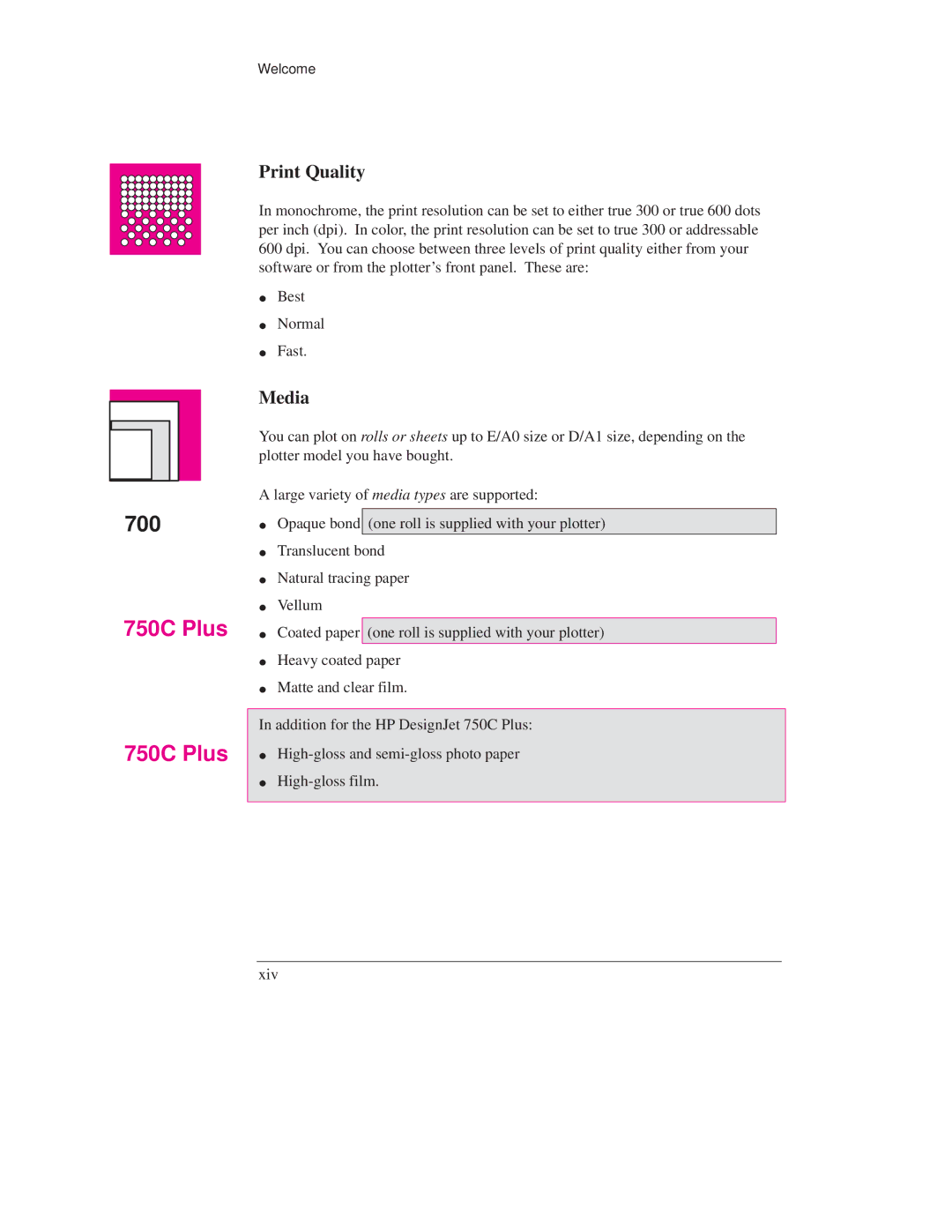 HP 750C PLUS PLOTTER, 700 manual Print Quality, Media 