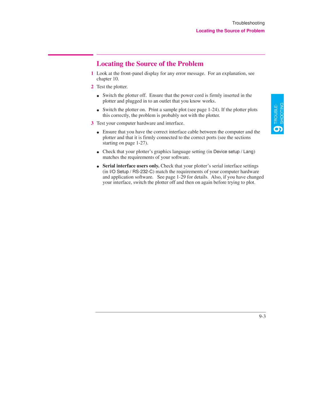 HP 700, 750C PLUS PLOTTER manual Locating the Source of the Problem, Locating the Source of Problem 