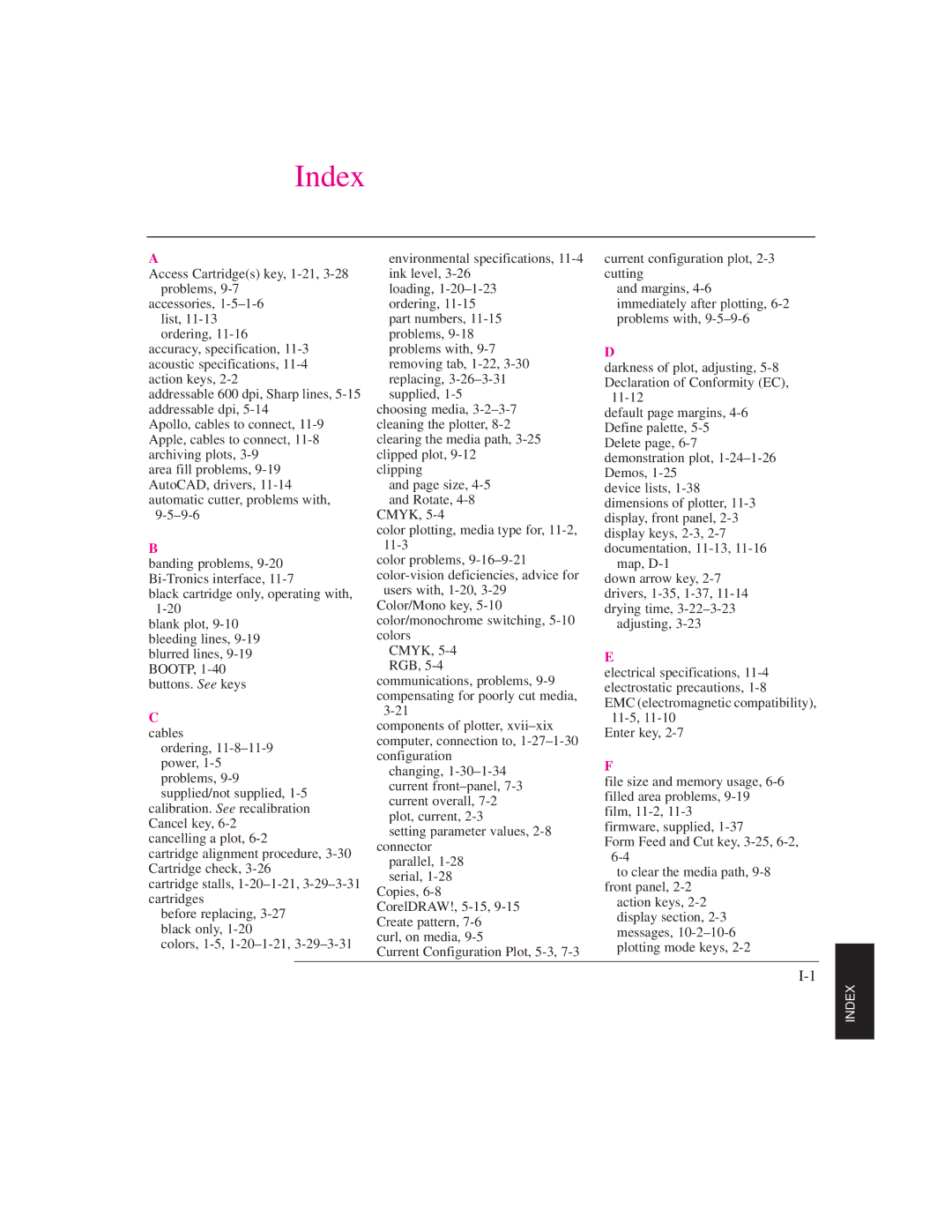 HP 700, 750C PLUS PLOTTER manual Index 