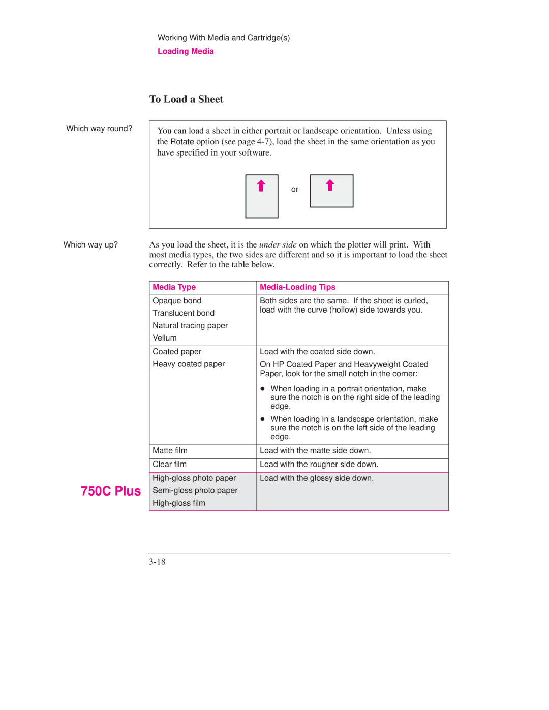 HP 750C PLUS PLOTTER, 700 manual To Load a Sheet, Media Type Media-Loading Tips 