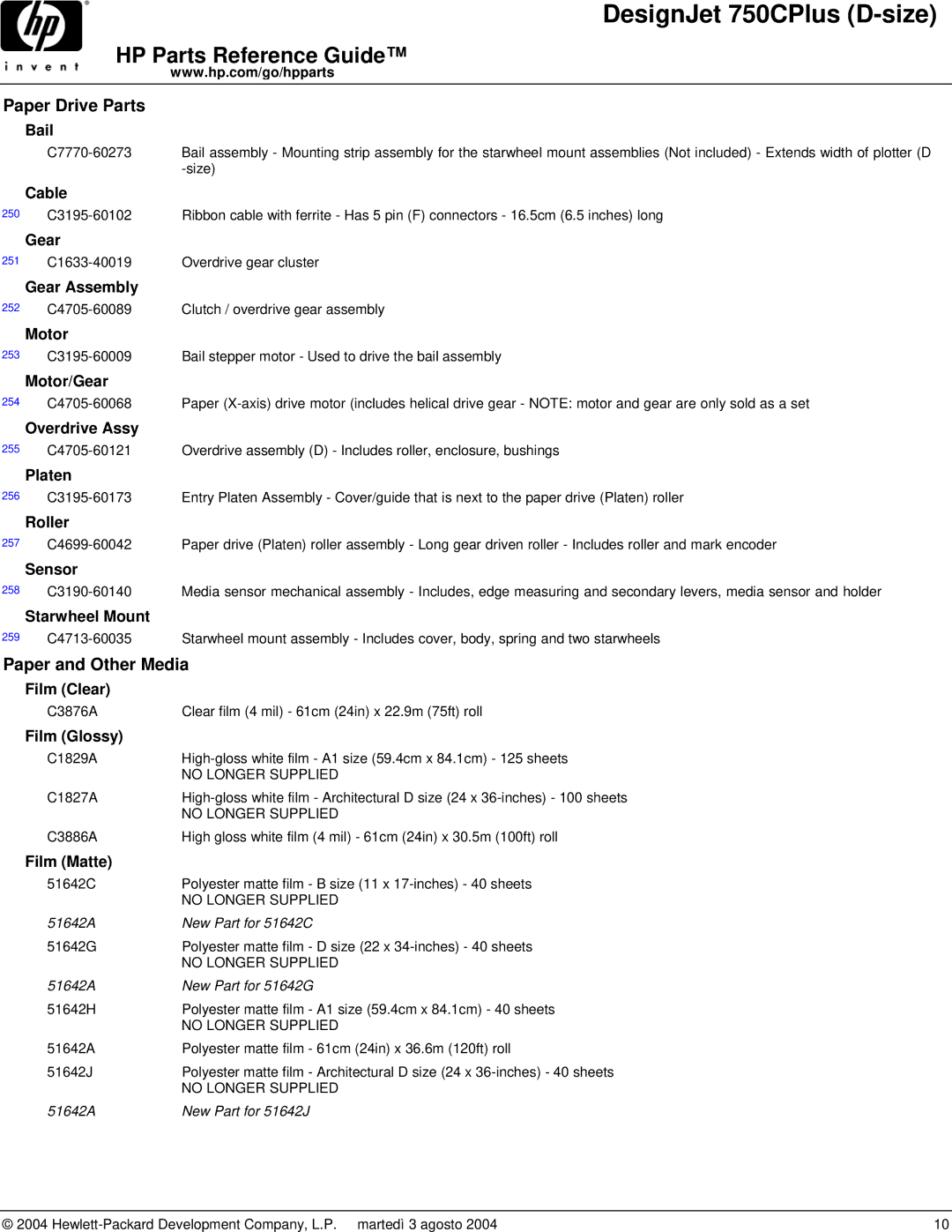 HP 750CPLUS manual Paper Drive Parts, Paper and Other Media 