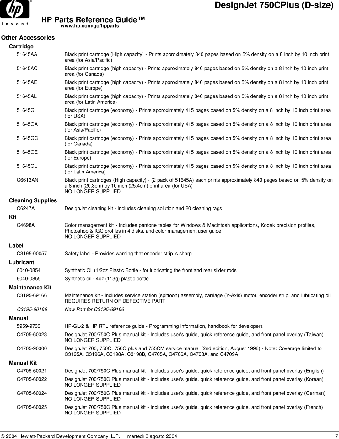 HP 750CPLUS manual Cleaning Supplies, Label, Lubricant, Maintenance Kit, Manual Kit 