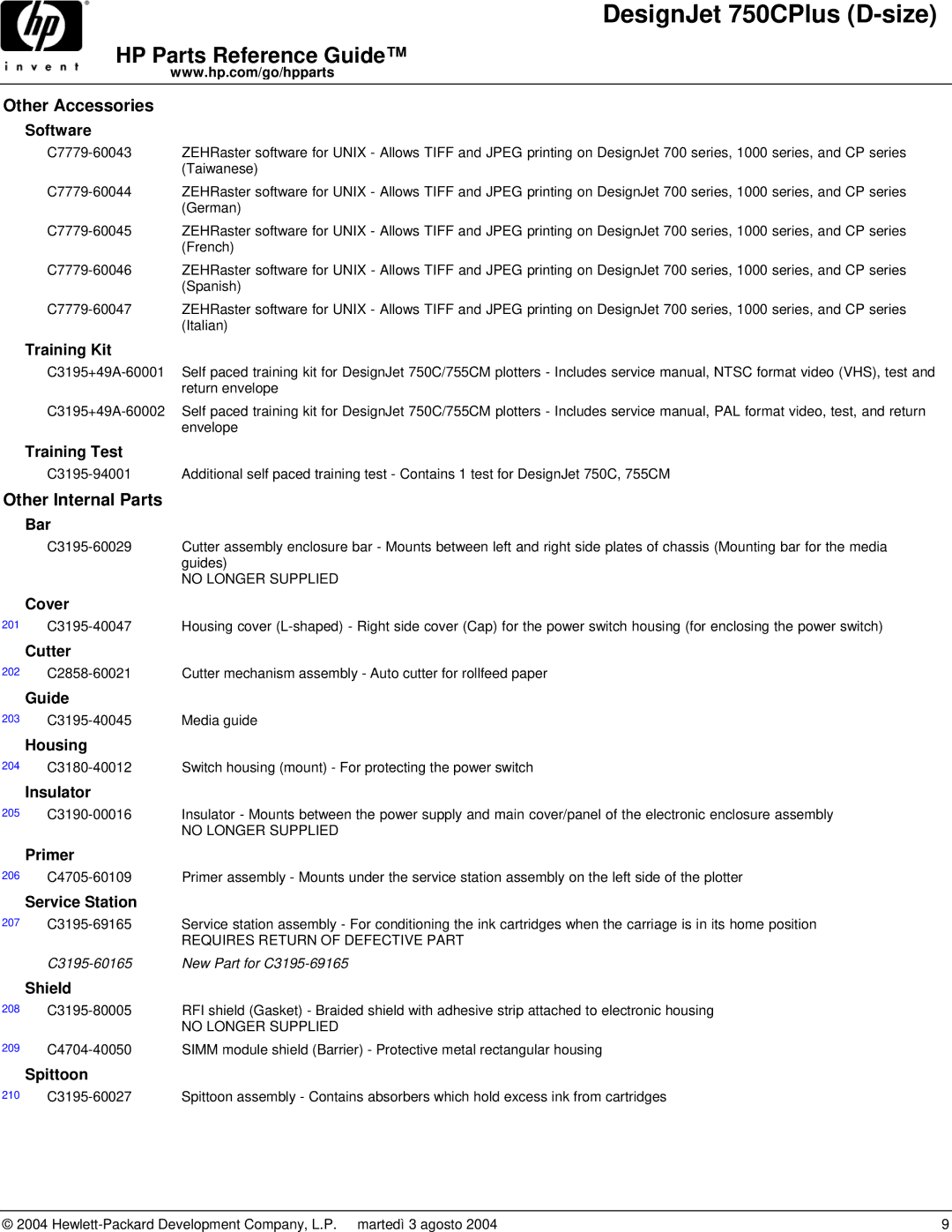 HP 750CPLUS manual Other Internal Parts 