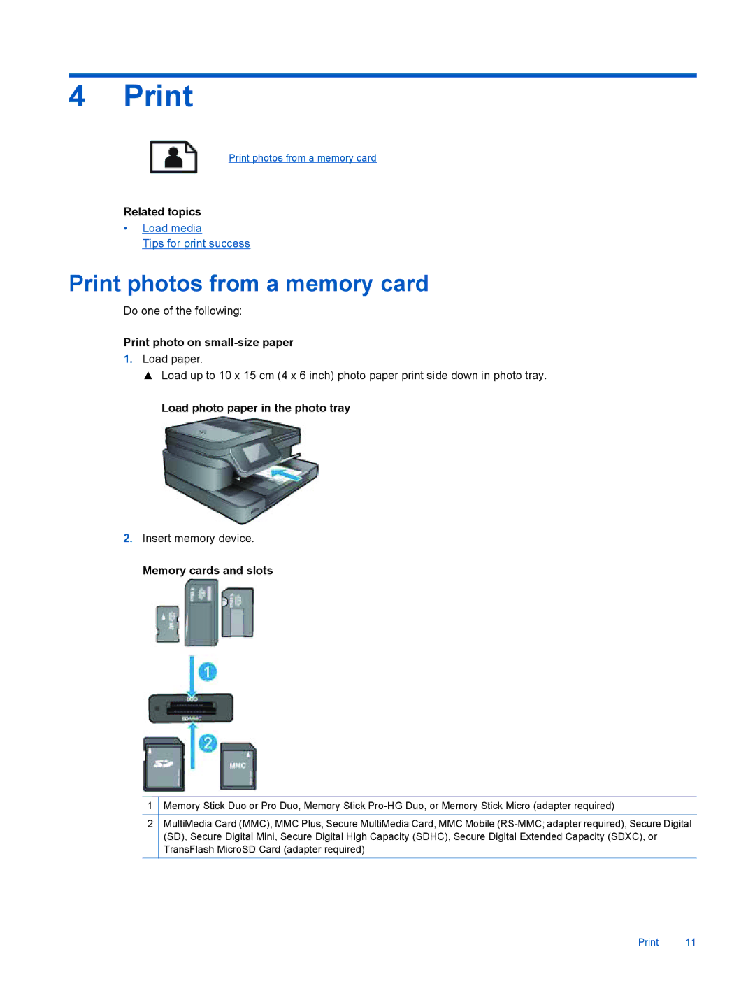 HP 7510 - C311a, 7515 - C311a manual Print photos from a memory card 