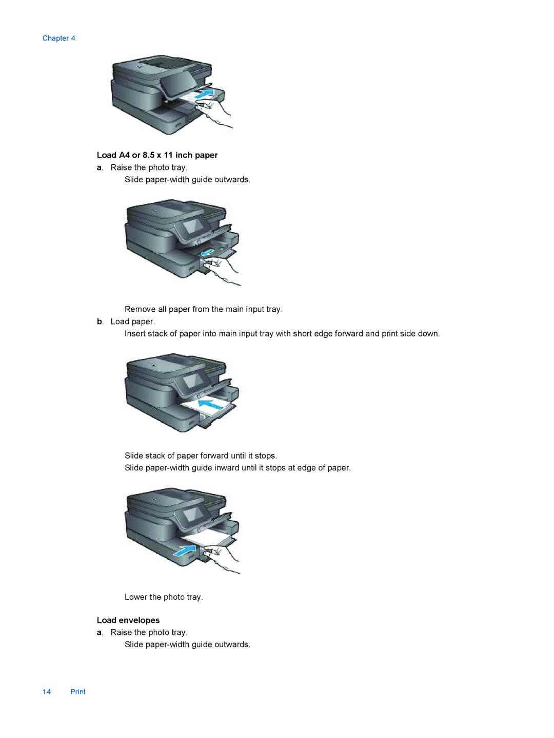 HP 7515 - C311a, 7510 - C311a manual Load A4 or 8.5 x 11 inch paper, Load envelopes 