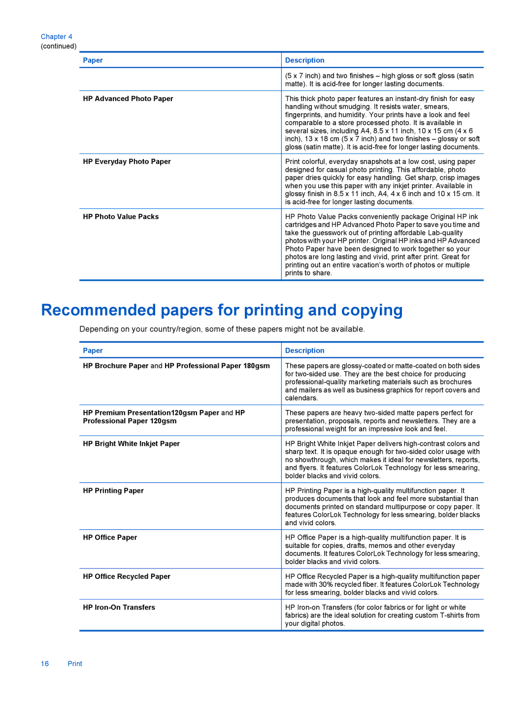 HP 7515 - C311a, 7510 - C311a manual Recommended papers for printing and copying 