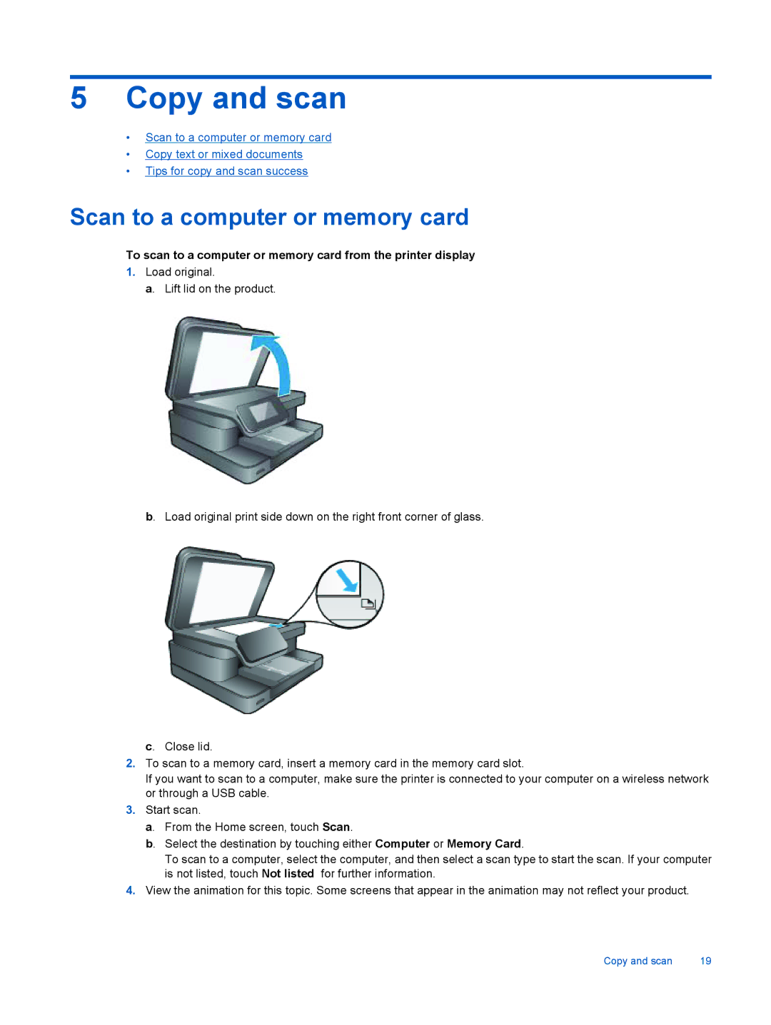 HP 7510 - C311a, 7515 - C311a manual Copy and scan, Scan to a computer or memory card 