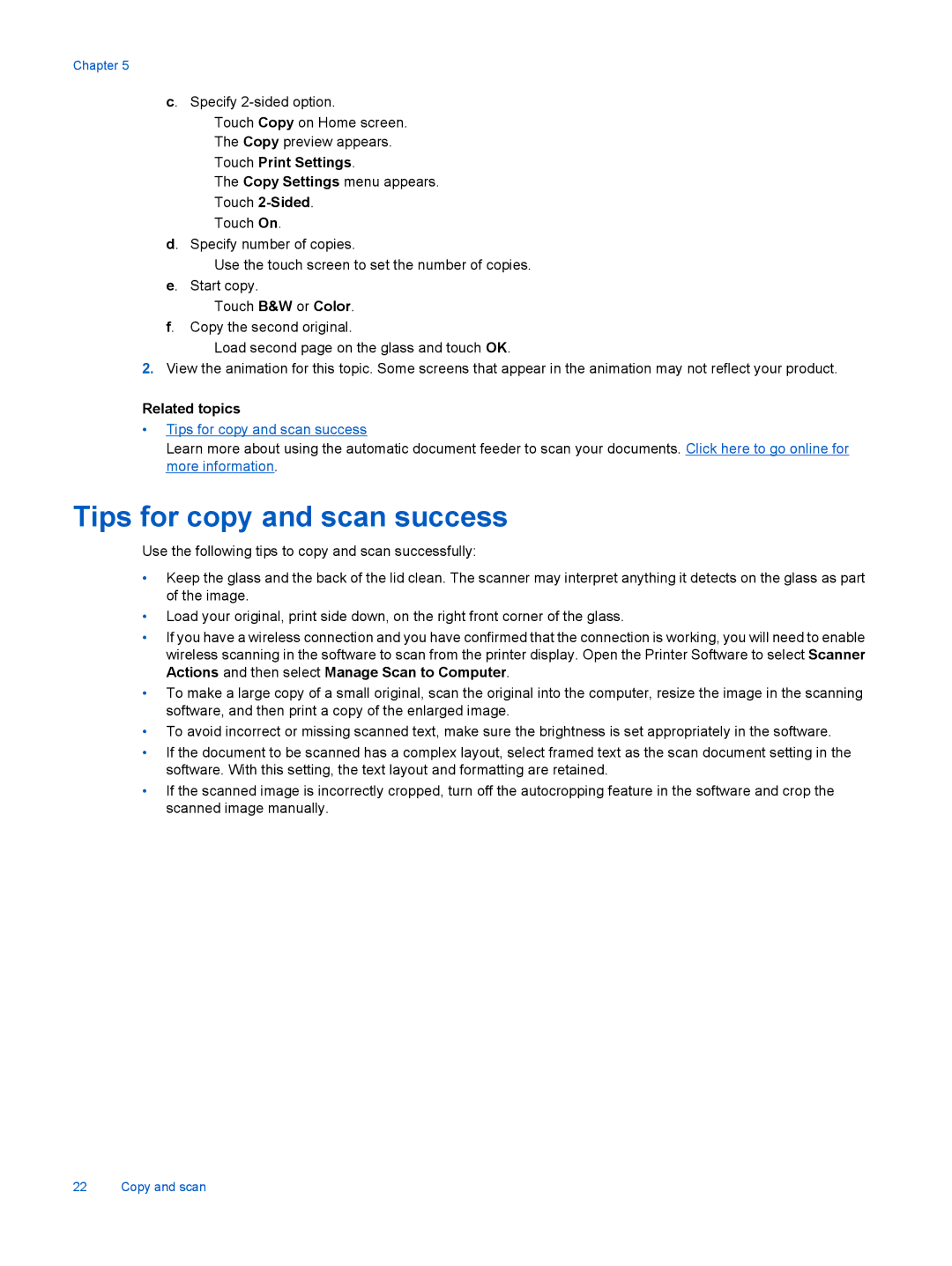 HP 7515 - C311a, 7510 - C311a manual Tips for copy and scan success, Touch Print Settings 