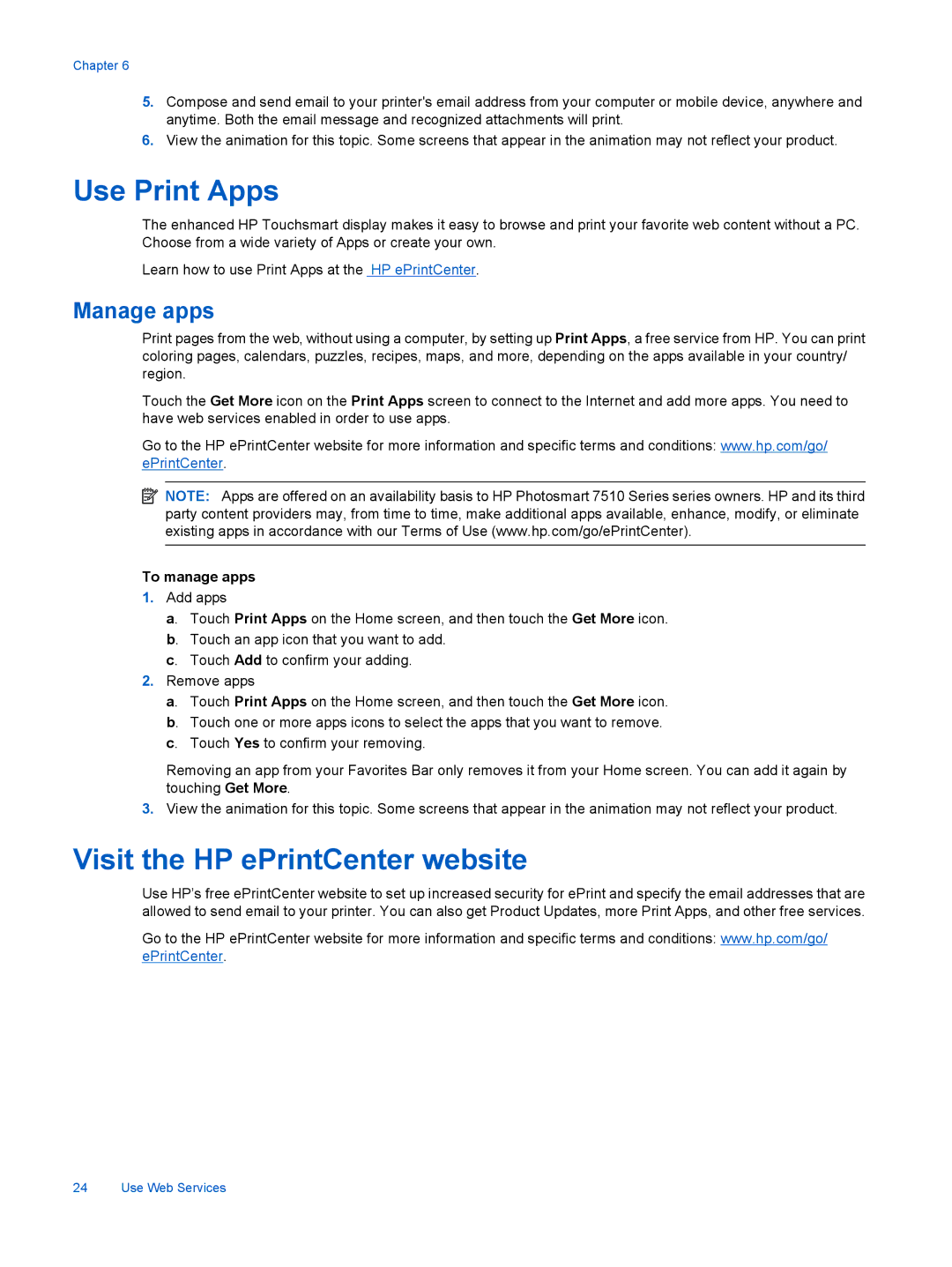 HP 7515 - C311a, 7510 - C311a manual Use Print Apps, Visit the HP ePrintCenter website, To manage apps 