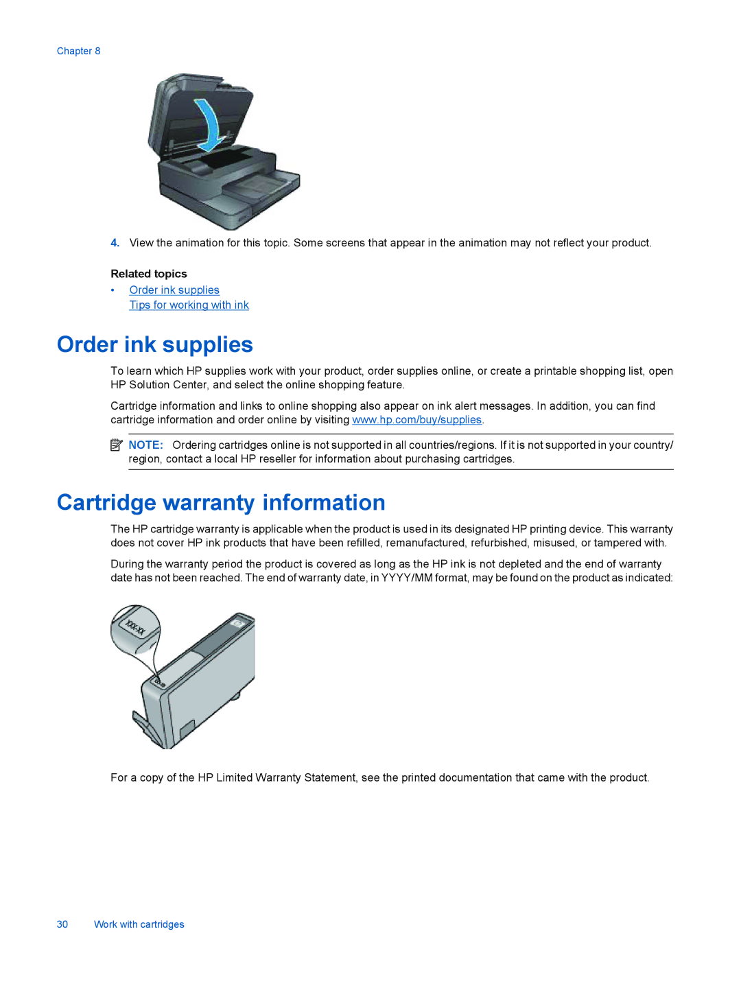 HP 7515 - C311a, 7510 - C311a manual Order ink supplies, Cartridge warranty information 