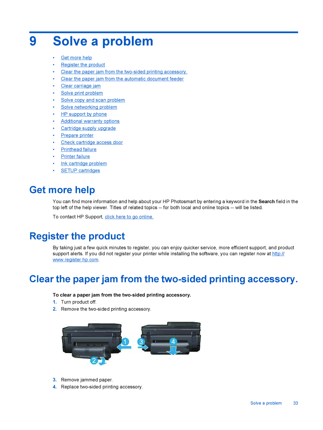 HP 7510 - C311a, 7515 - C311a Solve a problem, Get more help, To clear a paper jam from the two-sided printing accessory 