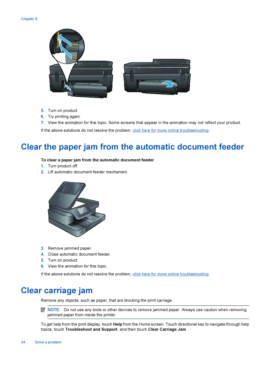 HP 7515 - C311a, 7510 - C311a manual Clear the paper jam from the automatic document feeder, Clear carriage jam 