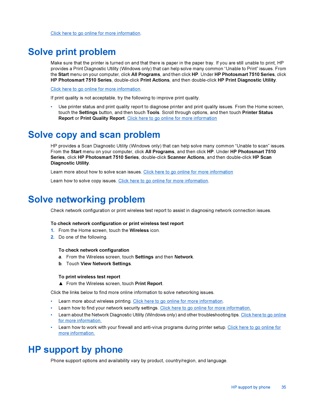 HP 7510 - C311a manual Solve print problem, Solve copy and scan problem, Solve networking problem, HP support by phone 