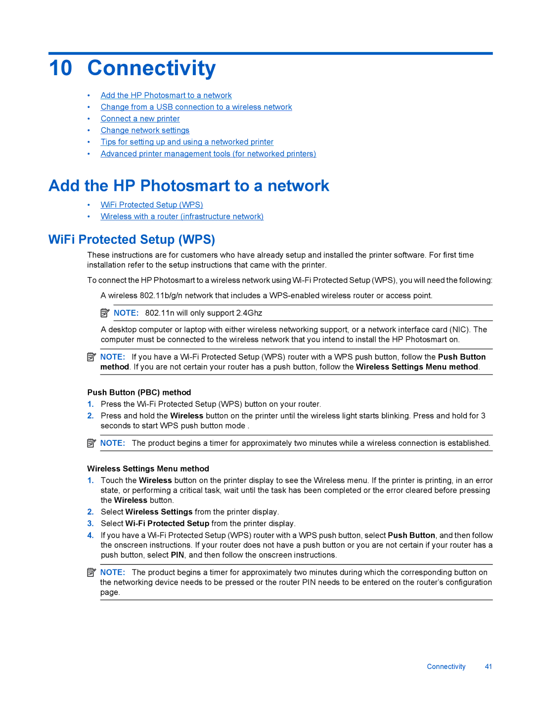 HP 7510 - C311a Connectivity, Add the HP Photosmart to a network, Push Button PBC method, Wireless Settings Menu method 