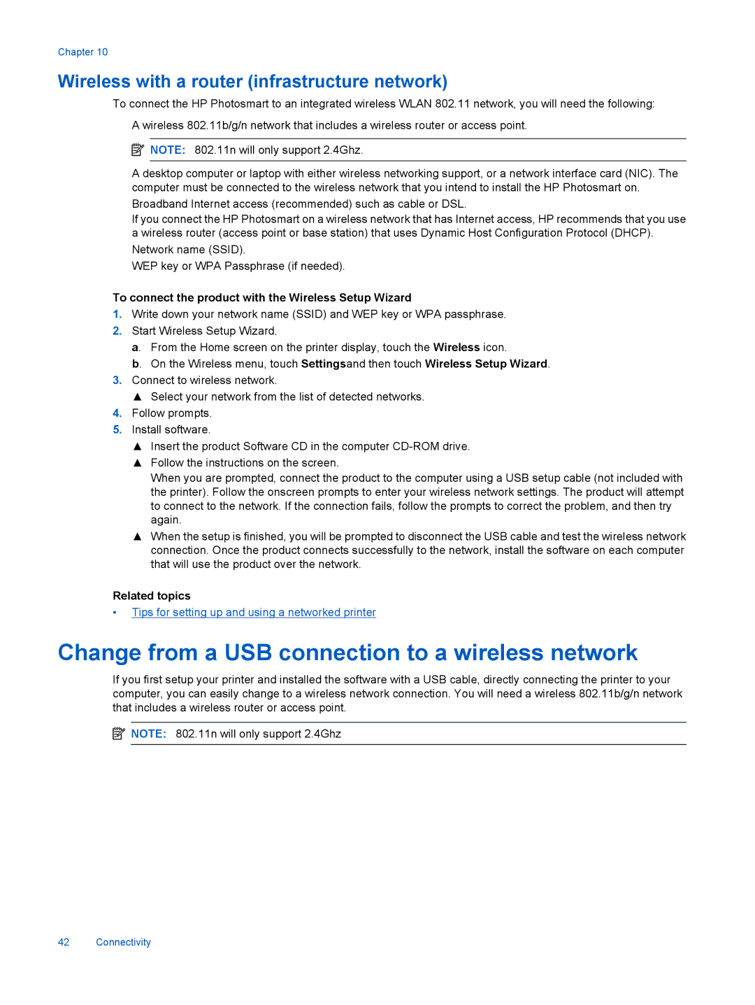 HP 7515 - C311a Change from a USB connection to a wireless network, To connect the product with the Wireless Setup Wizard 