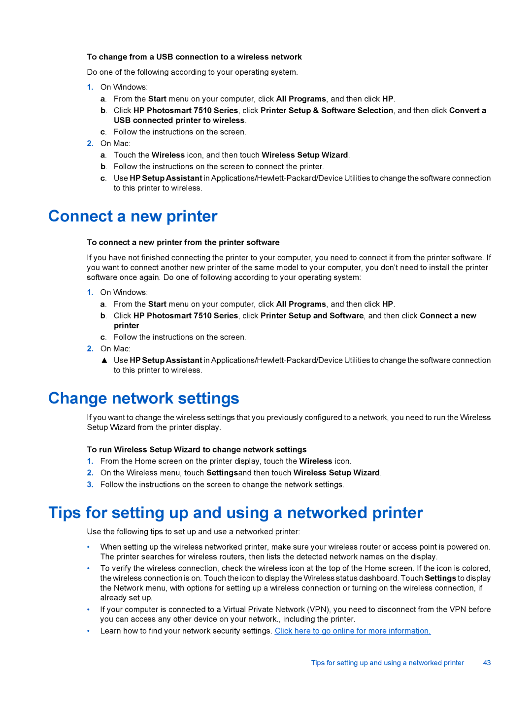 HP 7510 - C311a manual Connect a new printer, Change network settings, Tips for setting up and using a networked printer 