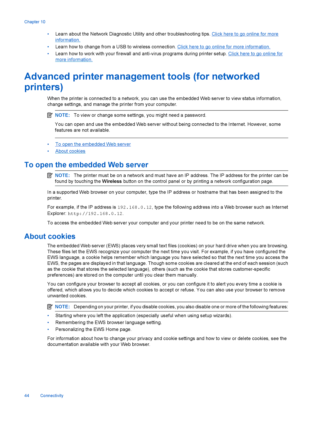 HP 7515 - C311a, 7510 - C311a Advanced printer management tools for networked printers, To open the embedded Web server 