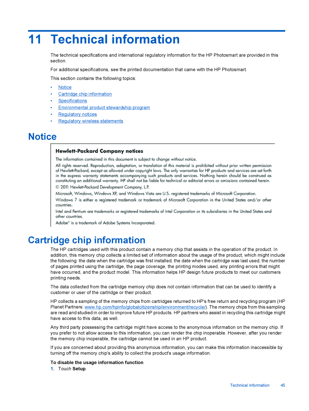 HP 7510 - C311a, 7515 - C311a Technical information, Cartridge chip information, To disable the usage information function 