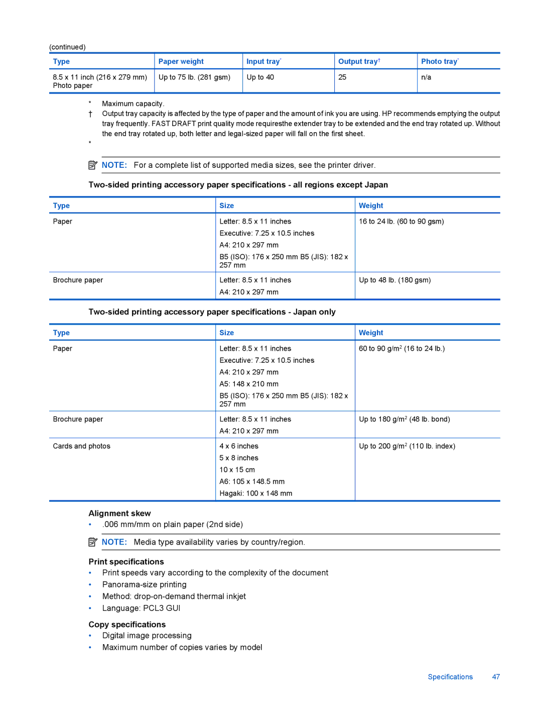 HP 7510 - C311a, 7515 - C311a manual Alignment skew, Print specifications, Copy specifications 