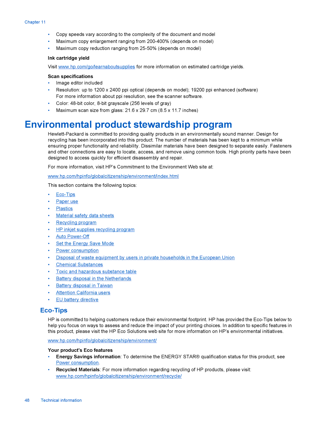 HP 7515 - C311a, 7510 - C311a manual Environmental product stewardship program, Ink cartridge yield Scan specifications 