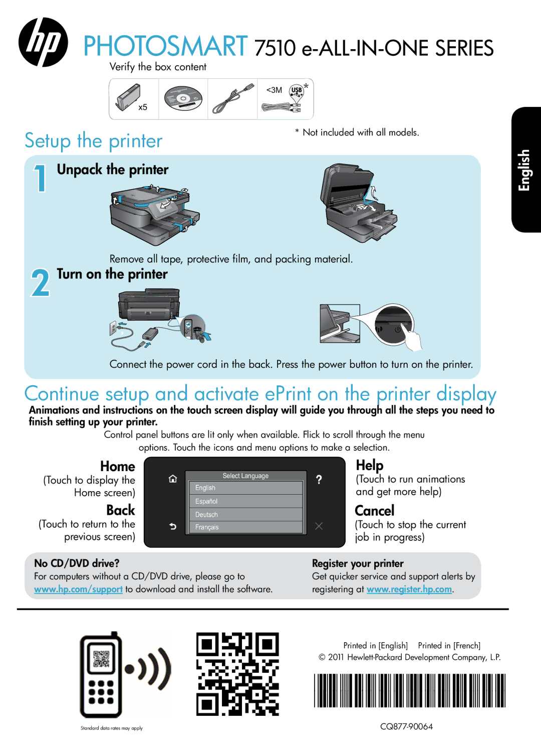 HP 7515 - C311a, 7510 - C311a manual Unpack the printer, Turn on the printer, Homee, Back, HHelp, Cancel 