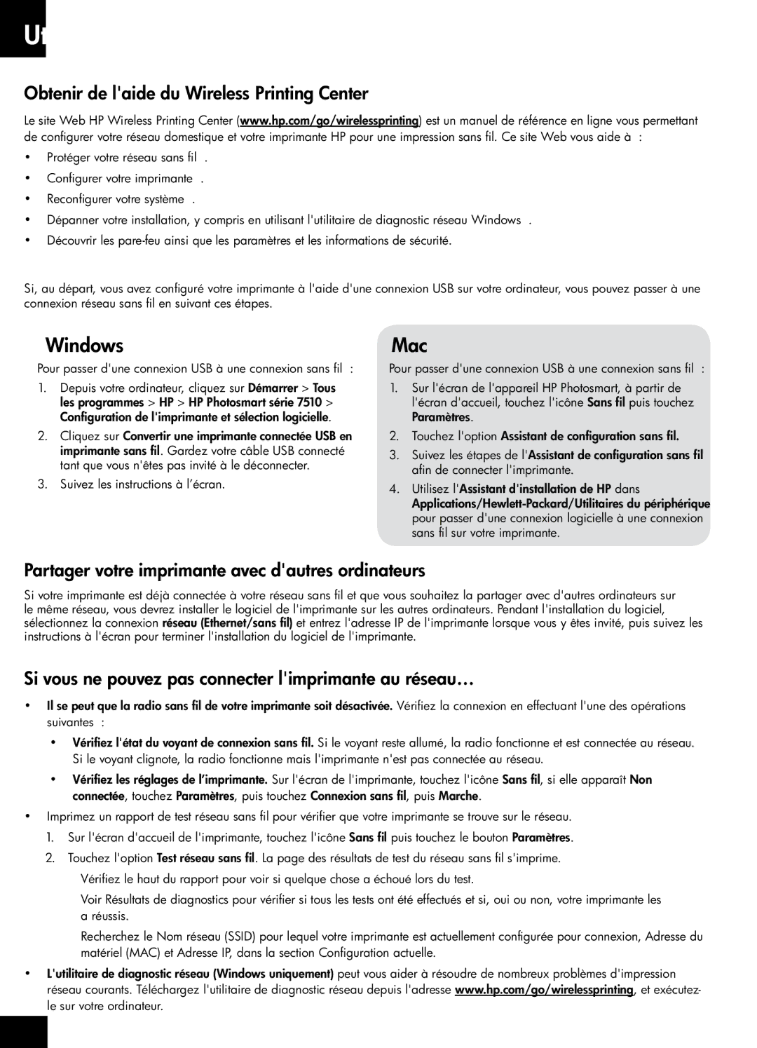 HP 7515 - C311a manual Utilisation de limprimante en réseau et dépannage, Obtenir de laide du Wireless Printing Center 