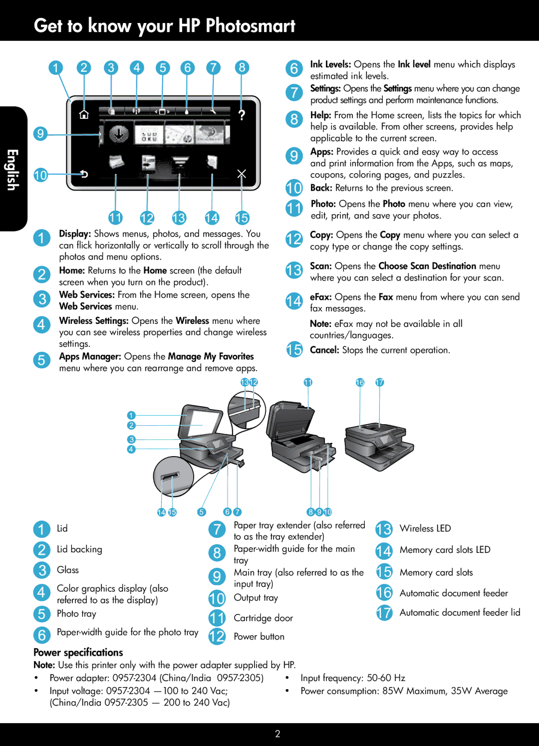 HP 7510 - C311a, 7515 - C311a manual Get to know your HP Photosmart, Power specifications 