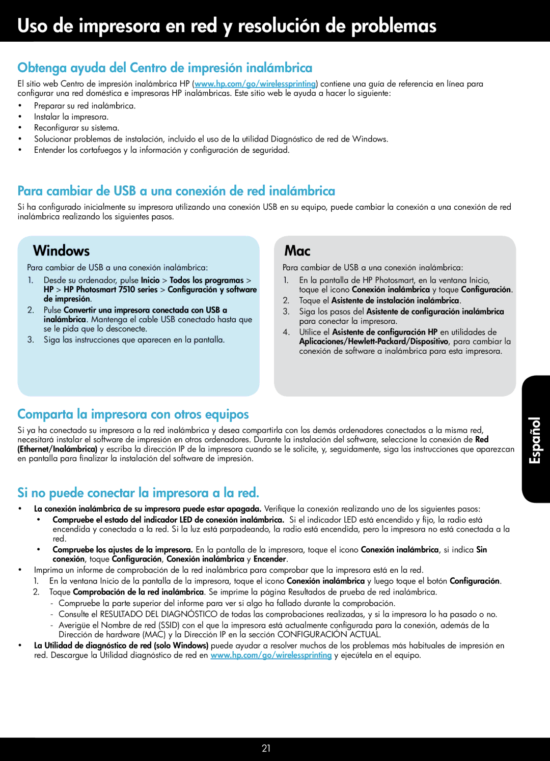 HP 7515 - C311a manual Uso de impresora en red y resolución de problemas, Obtenga ayuda del Centro de impresión inalámbrica 