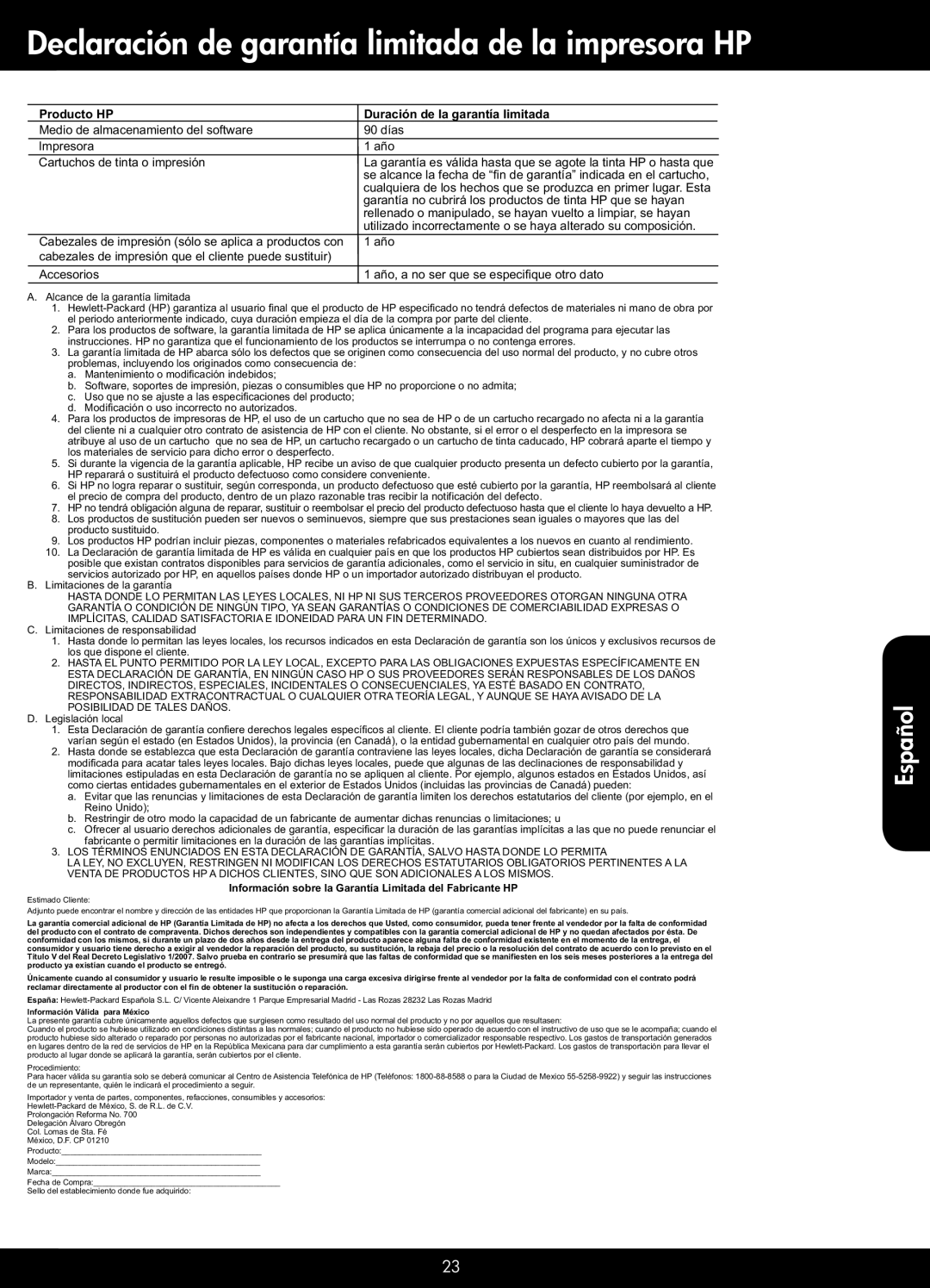 HP 7515 - C311a manual Declaración de garantía limitada de la impresora HP, Producto HP Duración de la garantía limitada 