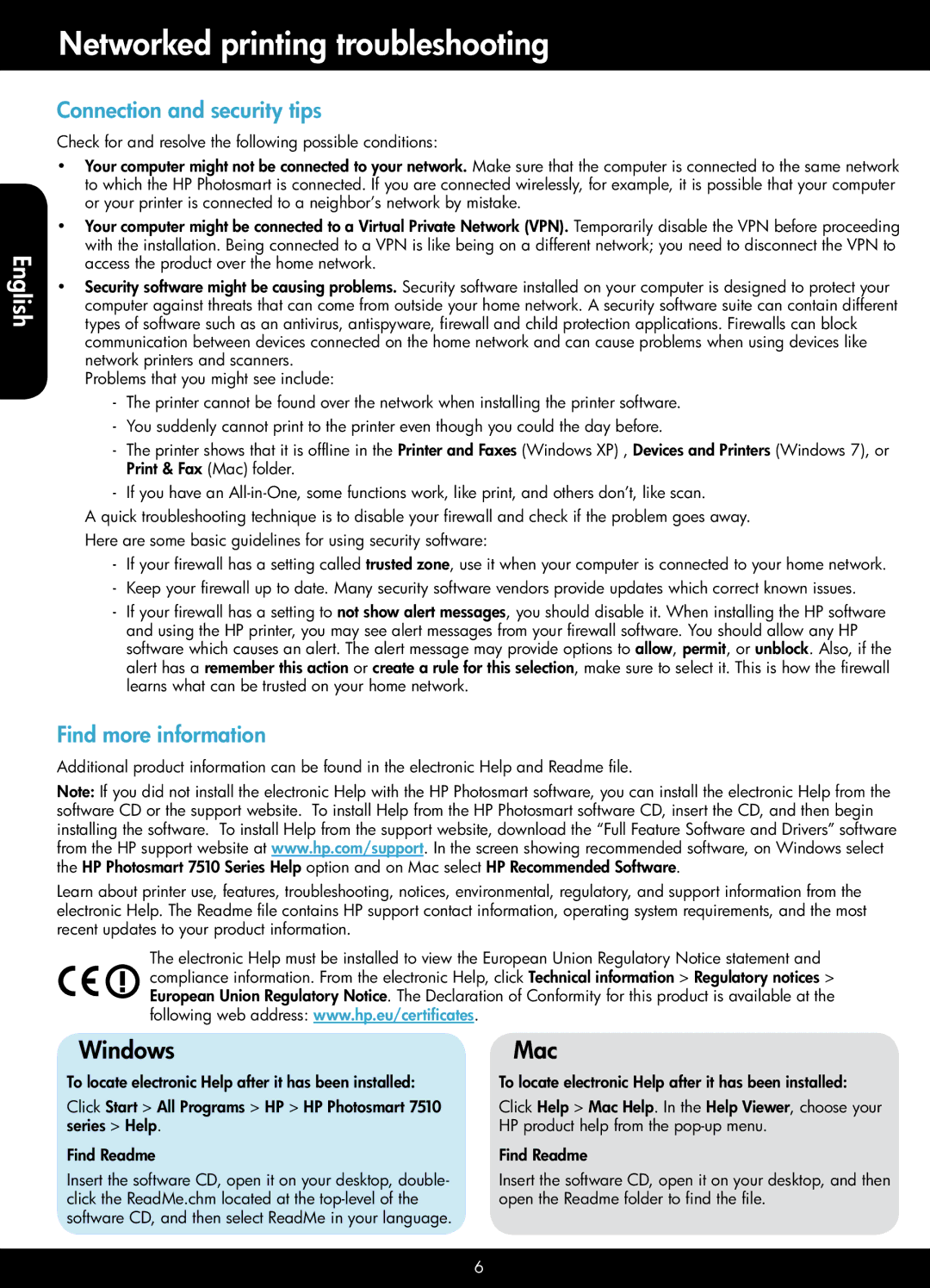 HP 7510 - C311a manual Networked printing troubleshooting, Windows Mac, Connection and security tips, Find more information 