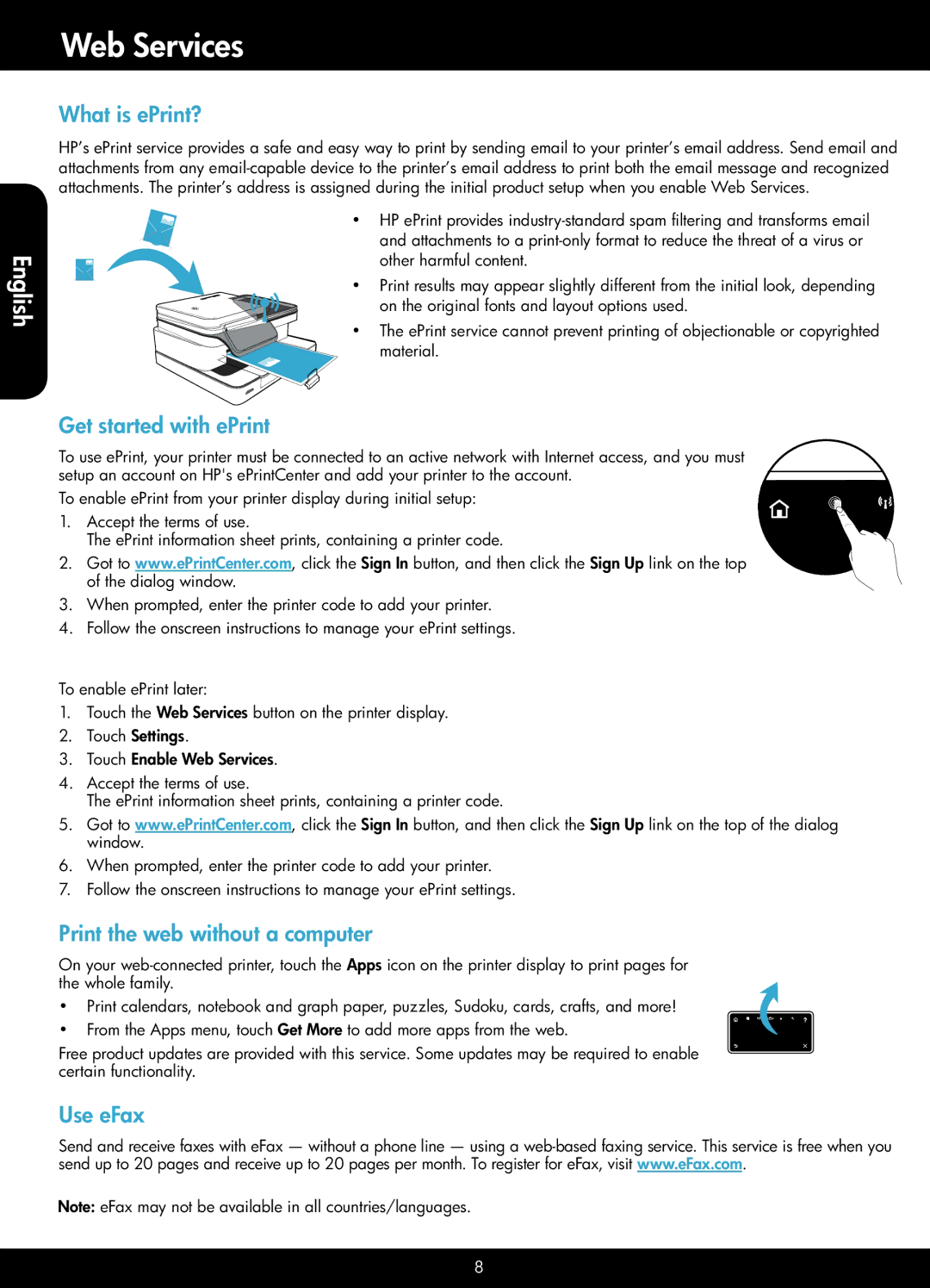 HP 7510 - C311a manual Web Services, What is ePrint?, Get started with ePrint, Print the web without a computer, Use eFax 