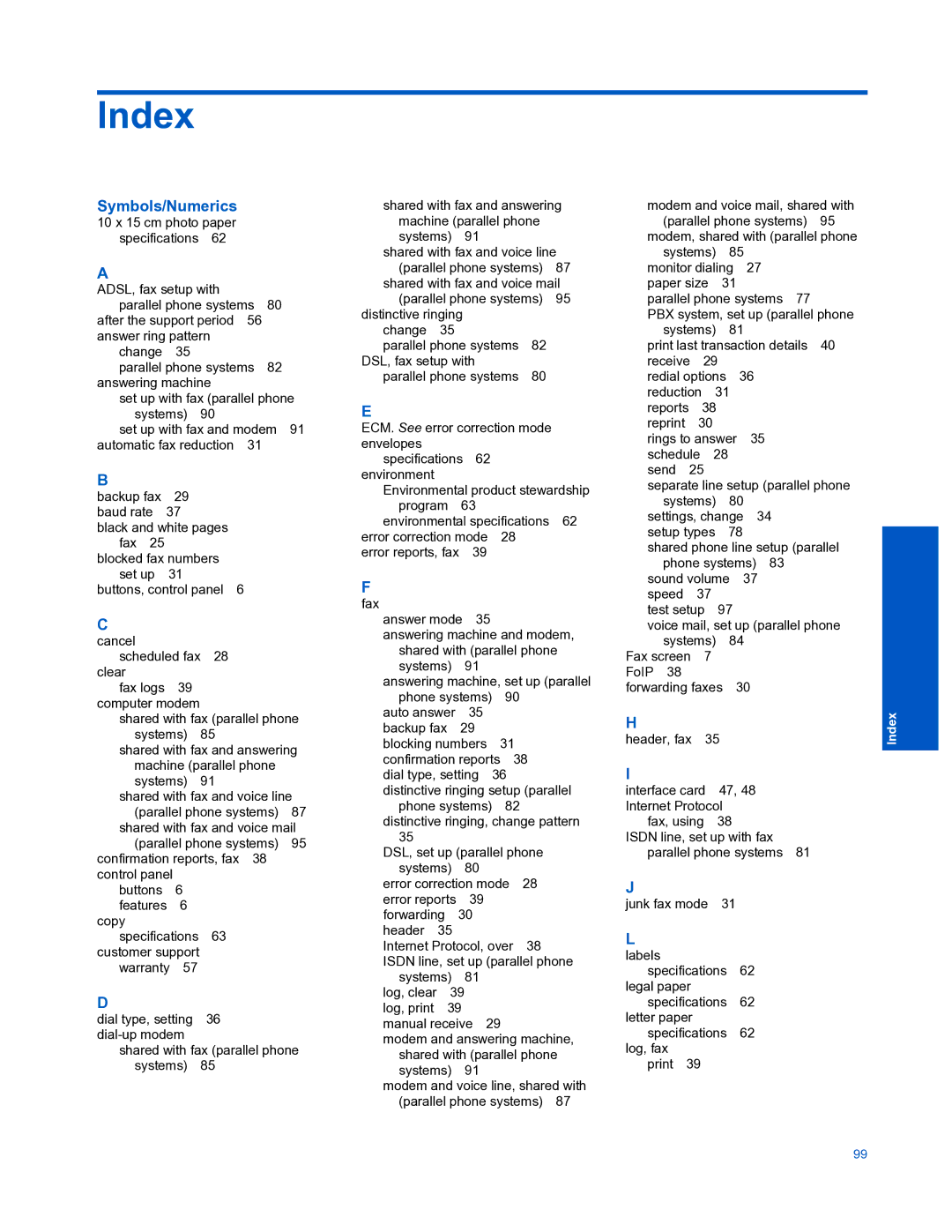 HP 7520 manual Index, Symbols/Numerics 