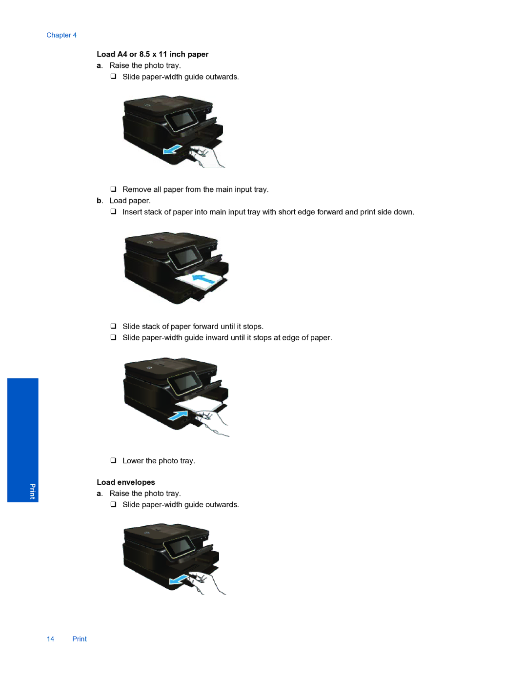 HP 7520 manual Load A4 or 8.5 x 11 inch paper, Load envelopes 